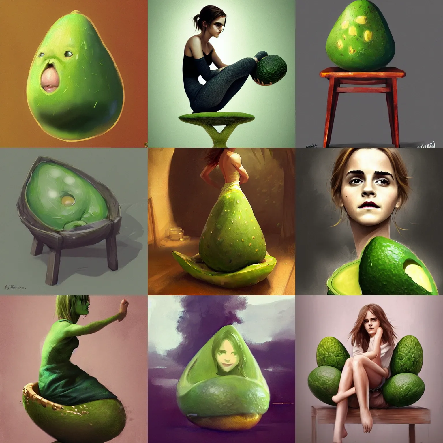 Prompt: emma watson as an avocado chair, greg rutkowski, trending on artstation