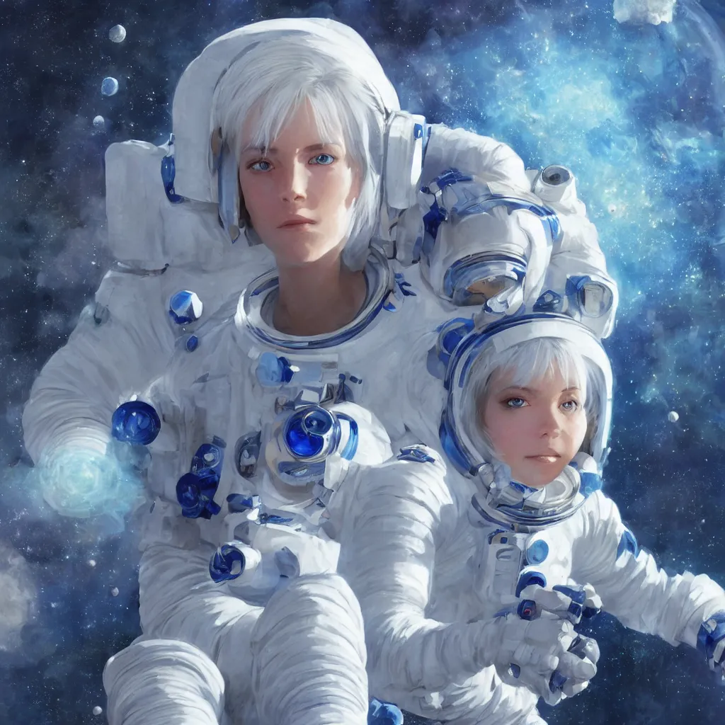 Image similar to portrait of a blue-eyed girl with white hair in a space suit against the background of space, painting by Craig Mullins, octane rendering, soft morning lighting, wide angle lens, in the style of Hayao Miyazaki, trending on artstation,