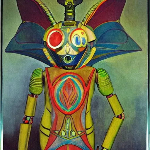 Image similar to robot wearing a luna moth mask, by annie swynnerton and leo and diane dillon and adolf wolfli and ( diego rivera ), elaborate costume, little glowing lights, rich color, dramatic cinematic lighting, smooth, sharp focus, extremely detailed