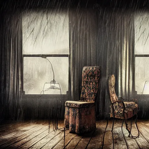 Prompt: Surreal Fantasy Dark Cluttered Attic covered in fibrous Cobwebs Eerie Spooky Dimly Lit by a Kerosene Lamp Lighting Thunder Storm Visible through window Chairs with drapes and boxes of old photos HDR