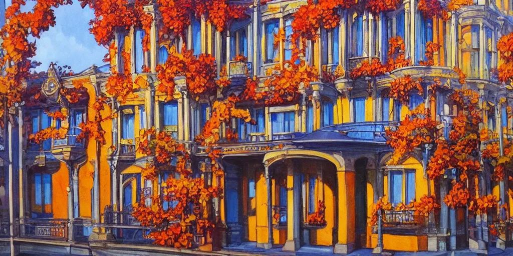 Prompt: ' art nouveau facade building in autumn season, colorful light, cityscape, painting'