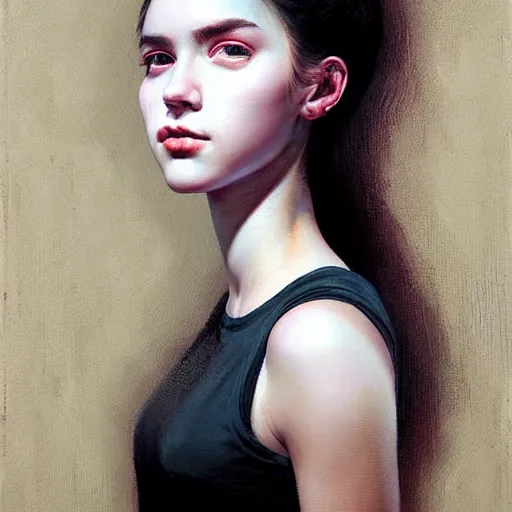 Image similar to Facial portrait of a pretty young cute girl, looking at the camera, slight awkward smile, lips slightly parted, no hands visible, extremely detailed painting by Greg Rutkowski and by Henry Justice Ford and by Harumi Hironaka