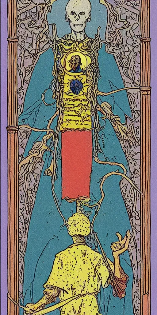 Image similar to the tarot card of the magician painted by moebius.