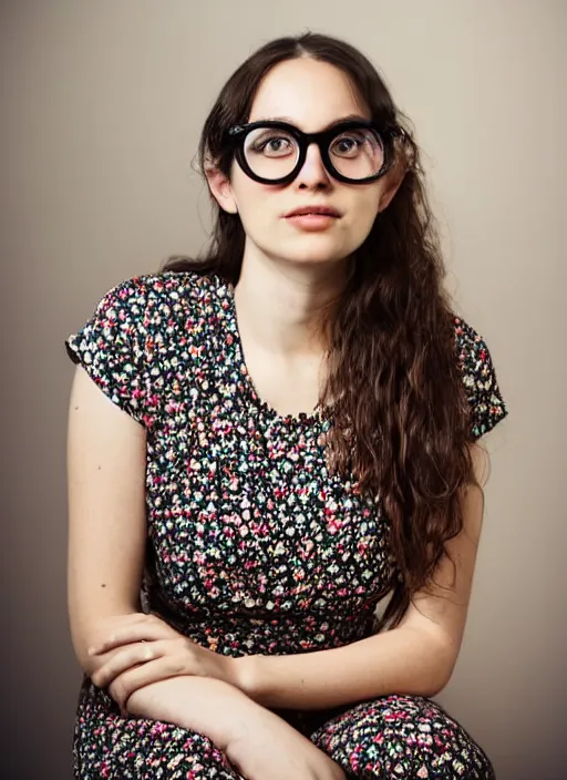 Prompt: portrait of a 2 5 year old woman, symmetrical face, dark wavey hair, friendly glasses, floral dress, she has the beautiful calm face of her mother, slightly smiling, ambient light