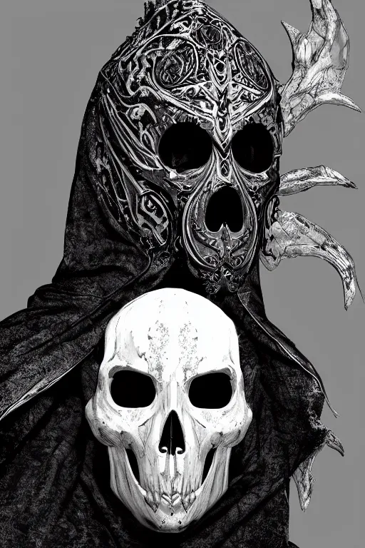 Prompt: hyper realistic digital art portrait of a villain wearing white bird skull mask, and high tech intricate armor and a black cloak.