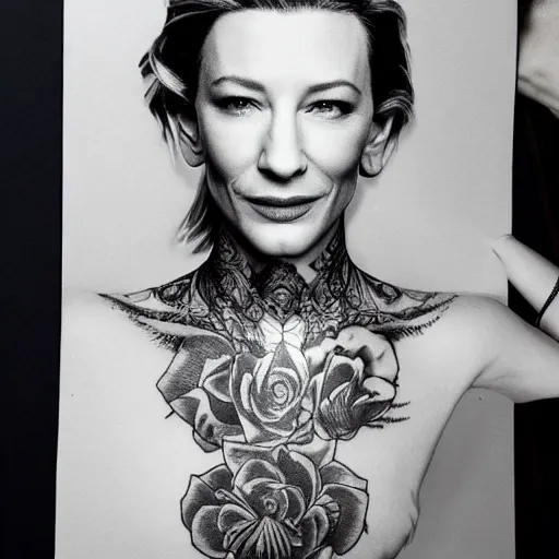 Image similar to full body tattooed cate blanchett, highly detailed, photorealistic, 4k