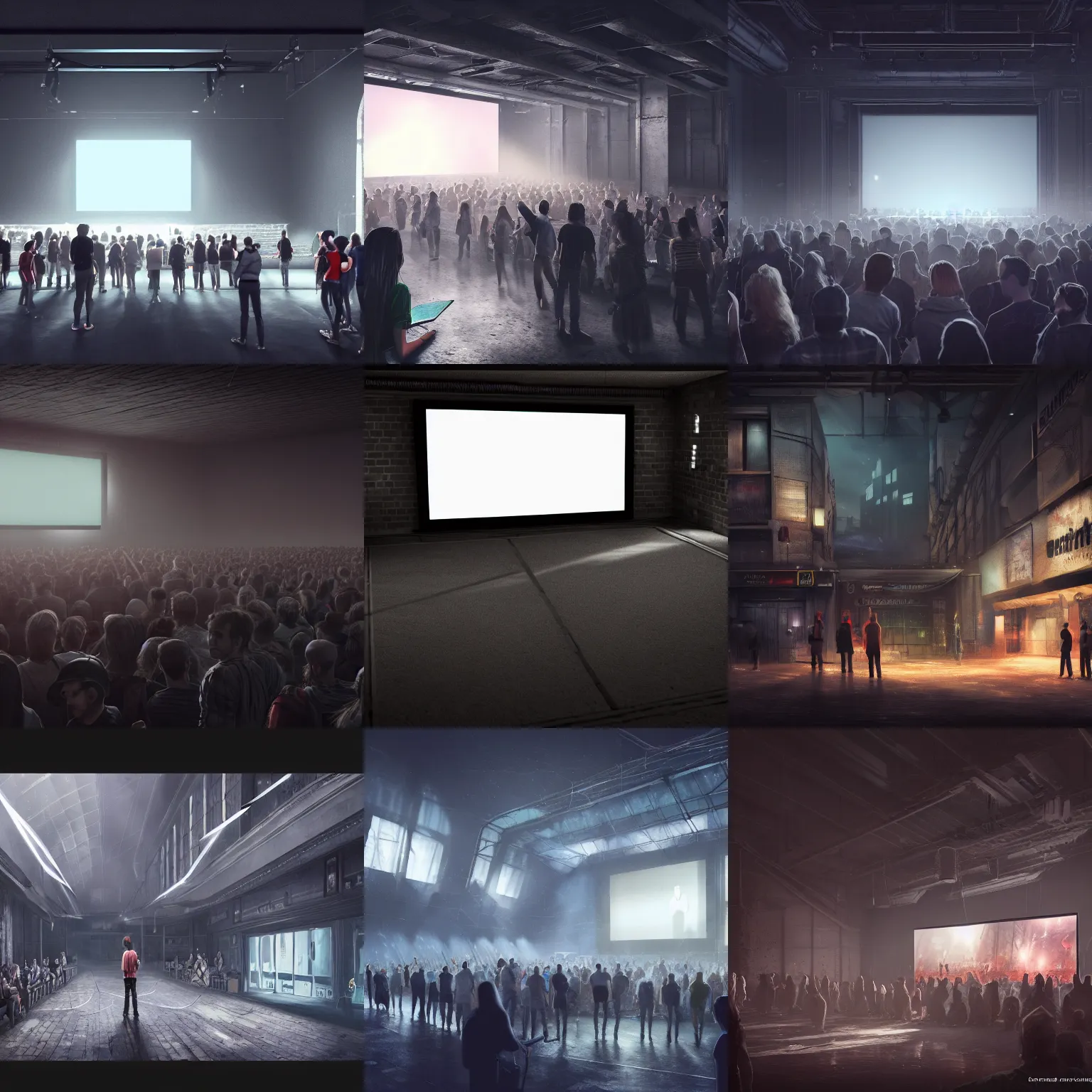 Prompt: digital concept art of a very small!!! dark valorant show venue with a large bright screen in front of twenty people, grey, realistic, octane render, high detail, environment, sharp focus, artstation