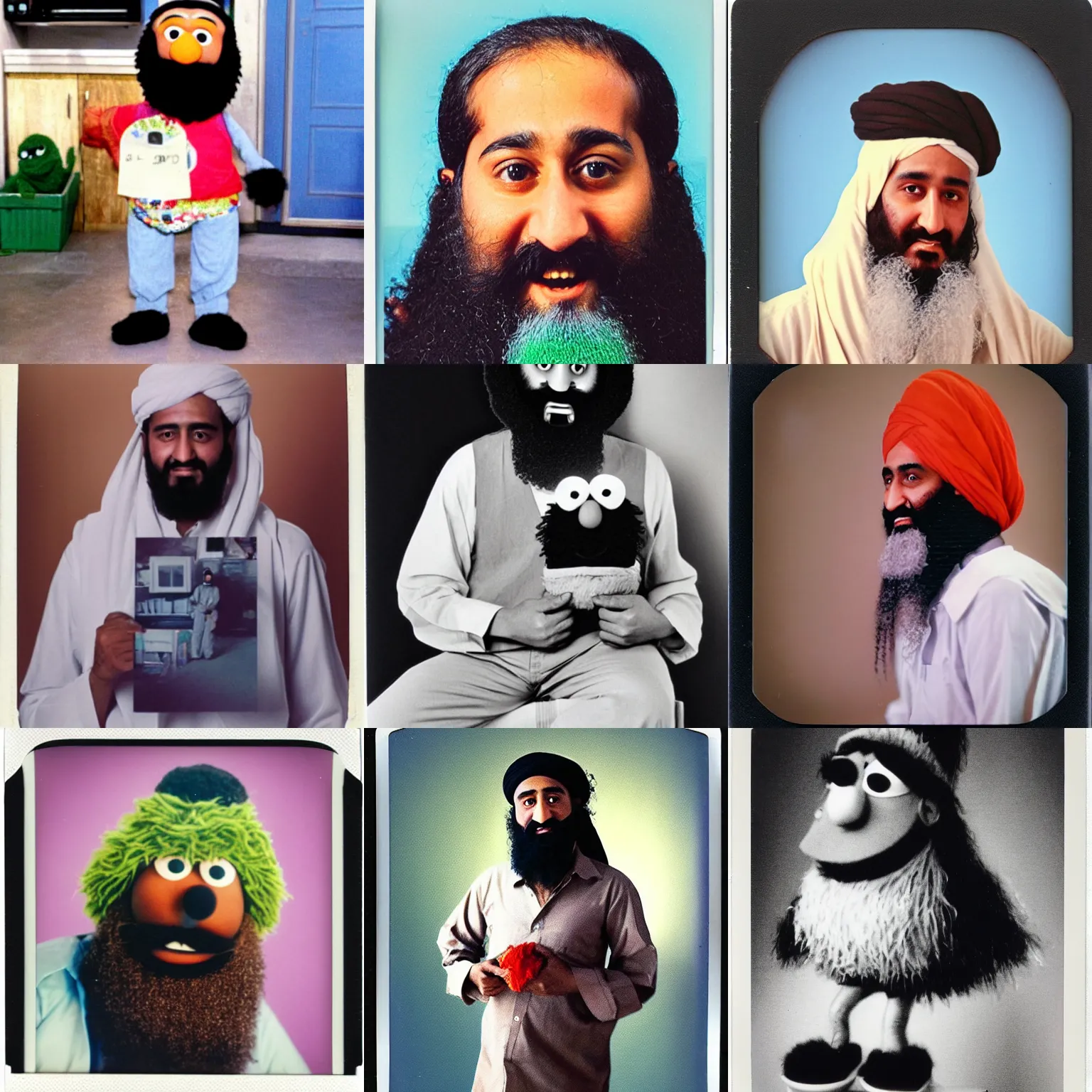 Prompt: polaroid photo of osama bin laden ( al qaida ) on sesame street