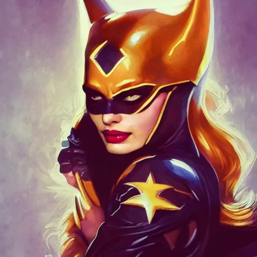 Image similar to margot Robbie as batgirl, uniquely beautiful, fantasy, intricate, elegant, highly detailed, lifelike, photorealistic, digital painting, artstation, concept art, smooth, sharp focus, illustration, art by John Collier and Albert Aublet and Krenz Cushart and Artem Demura and Alphonse Mucha,