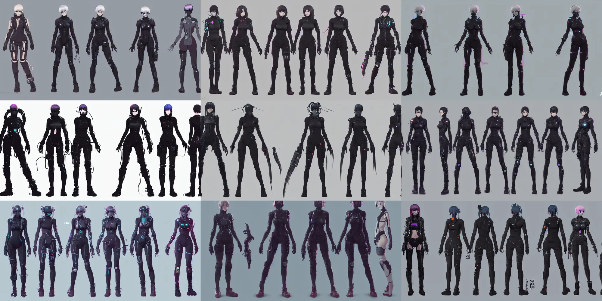 Prompt: full body cyberpunk female character concepts by senior concept artist in the anime film, featured on artstation