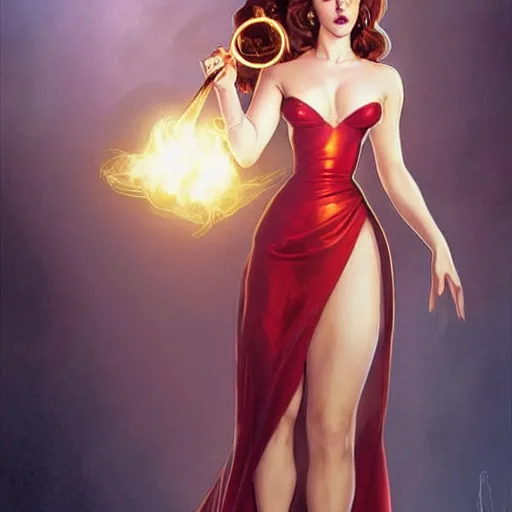 Image similar to emma watson dressed as jessica rabbit holding a glowing one hand and a wand in the other, fantasy, intricate, elegant, highly detailed, digital painting, artstation, concept art, matte, sharp focus, illustration, in the style of magic the gathering, art by artgerm and greg rutkowski and alphonse mucha