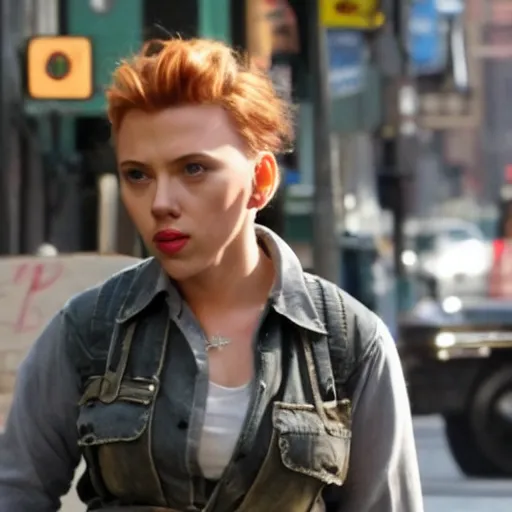 Prompt: Scarlett Johansson as a masculine plumber walking on Broadway street in a sunny day