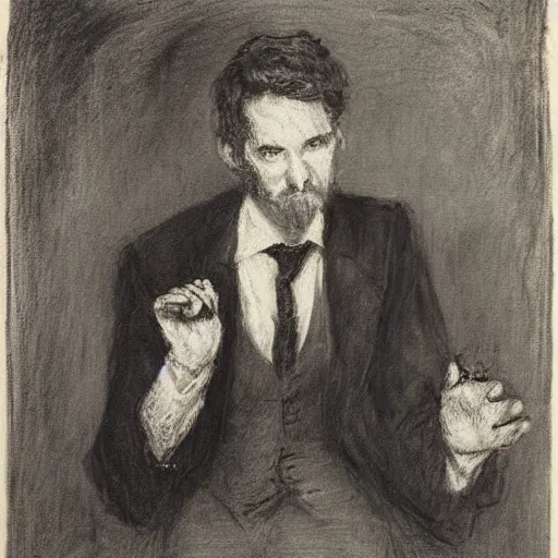 Image similar to portrait of an action hero mage in suit and tie, raising his hand, channeling magic, by alfred stevens in charcoal