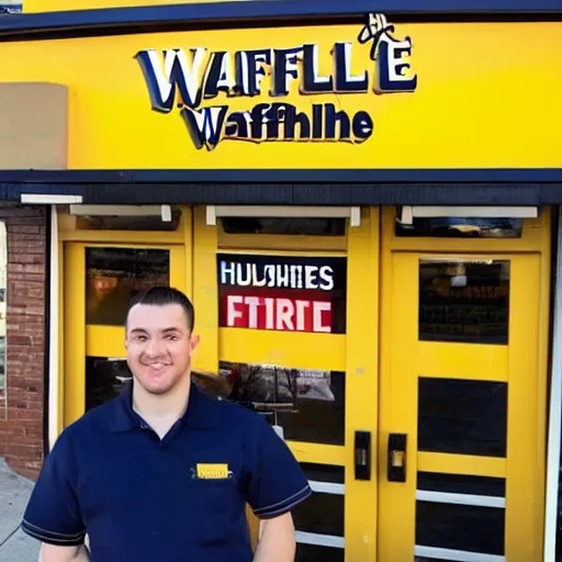 Image similar to wafflehouse employee's standing below wafflehouse sign, employees uniform is blue and black with yellow name tags