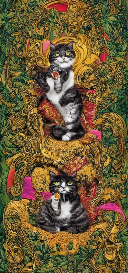 Image similar to ”happy smiling cat holding a marifuana joint while sitting high on a sofa, marijuana leaves swirling in the background, [ultra detailed, contrast, ornate and intricate, art by joe fenton]”