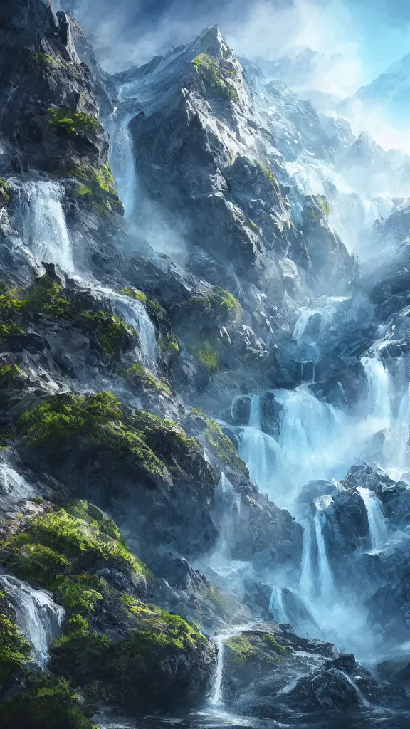 Prompt: highly detailed hd photo art of futuristic mountains and waterfall in the style of Greg Rutswoski, concept art, 8K detail post-processing
