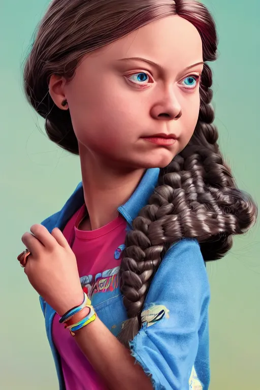 Image similar to greta thunberg as a barbie doll, vivid colors, high details, cinematic, 8k resolution, beautiful detailed, photorealistic, digital painting, artstation, concept art, smooth, sharp focus, illustration, fantasy background, artstation trending, octane render, unreal engine