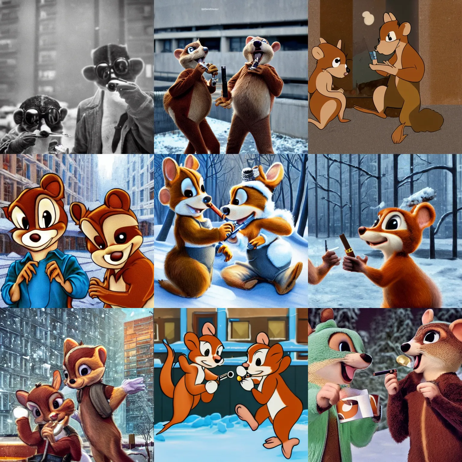 Prompt: realistic photo of Chip and Dale chimpunks smoking in the winter, Plattenbau at background