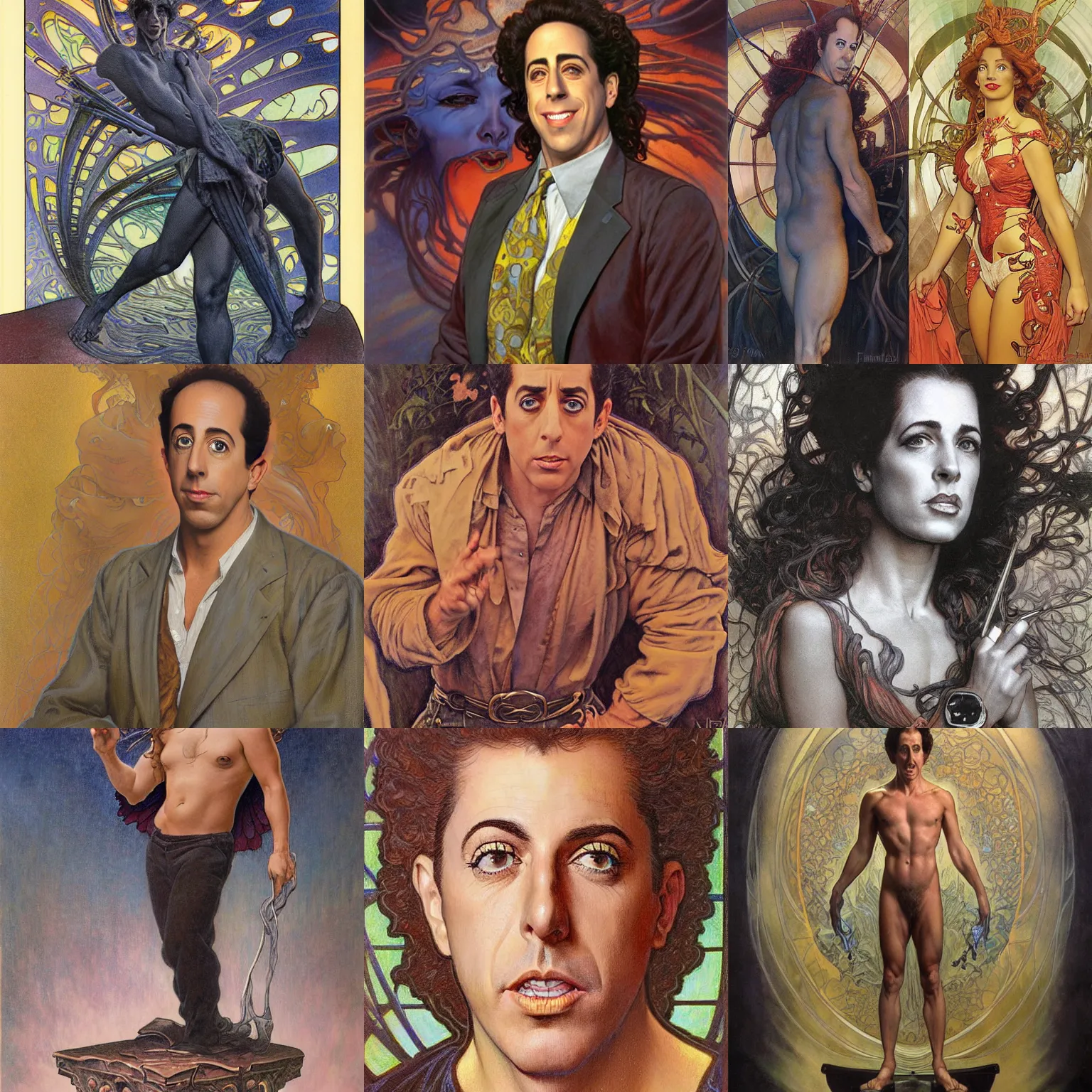 Prompt: awe-inspiring award-winning concept art full body face portrait painting of Jerry Seinfeld as himself, by Julie Bell, Jean Delville, Virgil Finlay, Alphonse Mucha, Ayami Kojima, Amano, Charlie Bowater, Karol Bak, Greg Hildebrandt, Jean Delville, Frank Frazetta, Peter Kemp, and Pierre Puvis de Chavannesa, extremely moody lighting, glowing light and shadow, atmospheric, shadowy, cinematic, 8K,