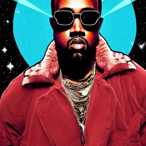 Prompt: psychedelic punk rock Kanye, digital art, artstation, Kanye is riding a capybara in space, and wearing regular sized sunglasses