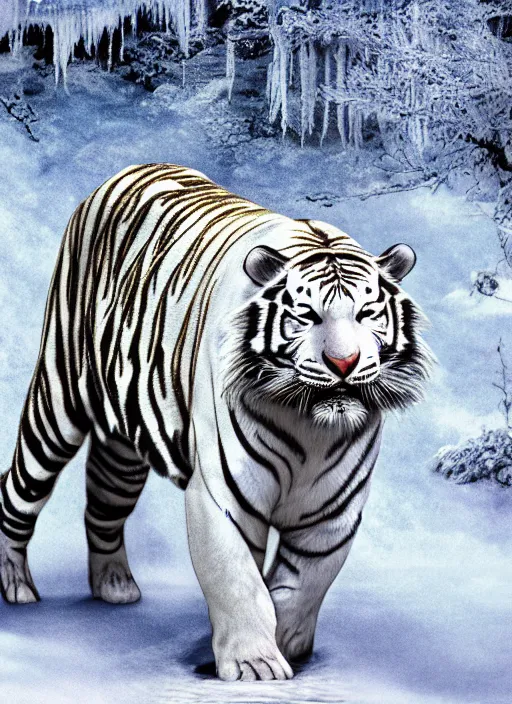 Prompt: White tiger walking in ice, science fiction, high detail, blizzard