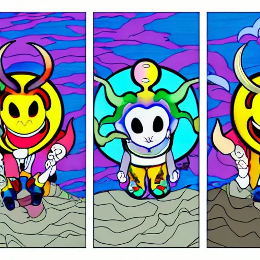 Prompt: Three demons flying up from a desert canyon in the style of Takashi Murakami