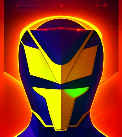 Prompt: symmetry!! yellow ranger, thunderbolt shaped viser!! solid cube of light, hard edges, product render retro - futuristic poster scifi, lasers and neon circuits, yellow ranger, intricate, elegant, highly detailed, digital painting, artstation, concept art, smooth, sharp focus, illustration, dreamlike, art by artgerm