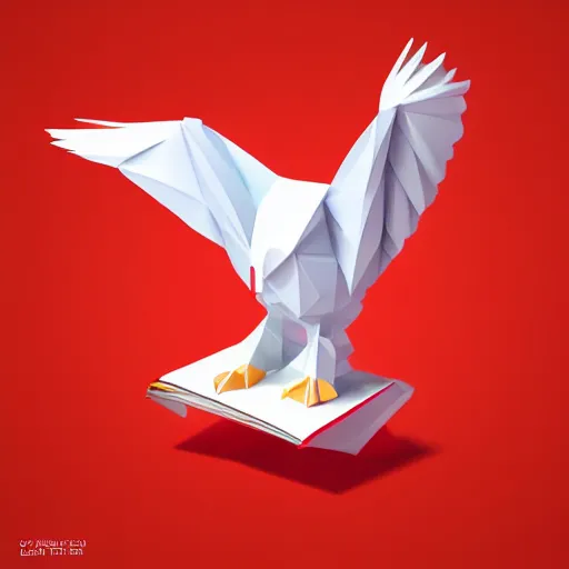 Image similar to low poly, vector, white eagle icon, in a book, red background, cgsociety, artstation, octane render