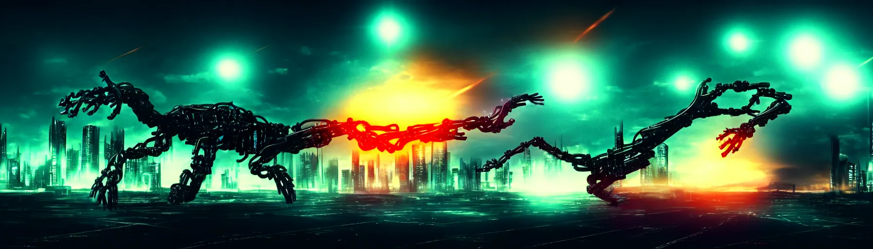 Image similar to apocalyptic ufo scene of cyborg arms with claws reaching out to try and catch fast moving ufos, in the style of blade runner, cyberpunk, laser, smoke, debris