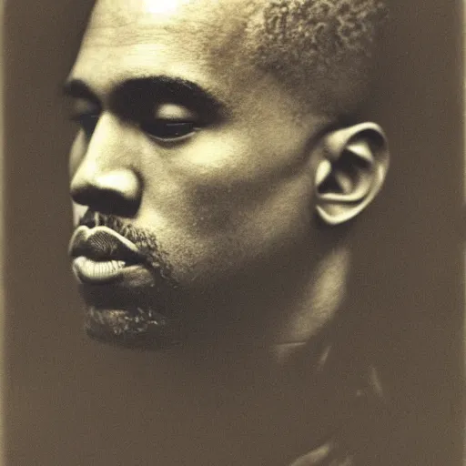 Image similar to a vintage photograph of Kanye West by Julia Margaret Cameron, portrait, 40mm lens, shallow depth of field, split lighting