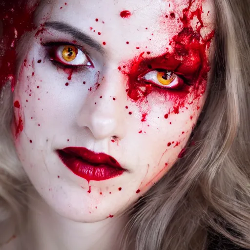 Image similar to professional headshot of an elegant female vampire with droplets of blood splattered across her face. high resolution, realistic, professional lighting, nikon camera, 8 k, imdb. com