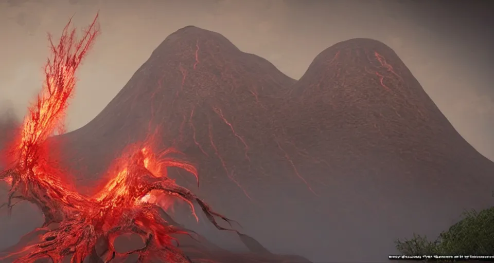 Image similar to a volcano made of ivory vines and crimson rocks enters in eruption, it spits a smoke in the shape of demonic eye, from Lineage 2