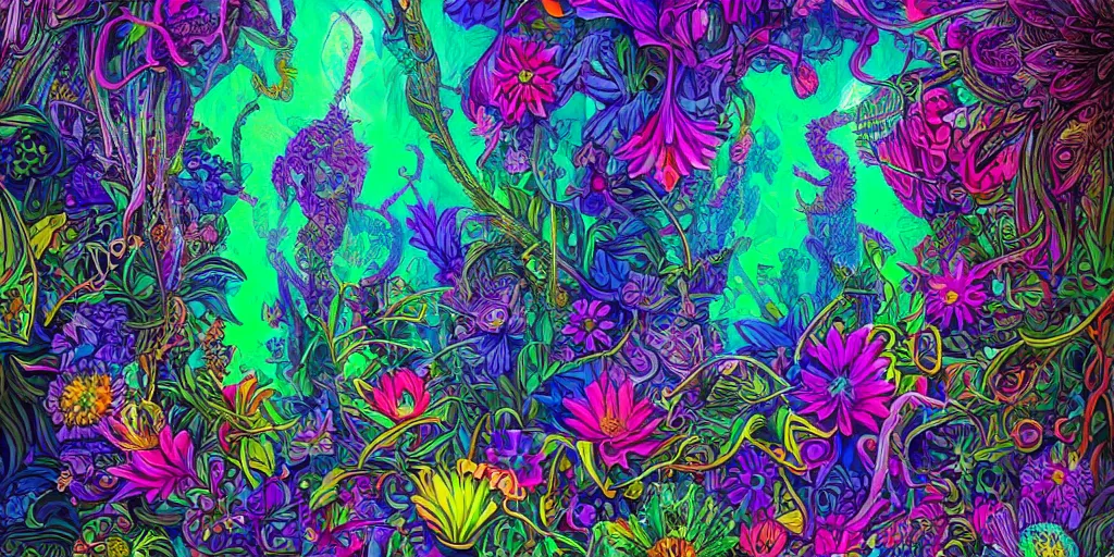 Image similar to 8k detailed psychedelic abstract illustration a exotic garden with neon flowers by Justin smith, detailed, intricate, elegant, highly detailed, digital painting, artstation, smooth, sharp focus