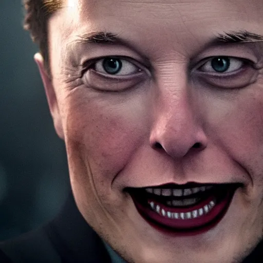 Image similar to stunning awe inspiring elon musk as the joker movie still 8 k hdr atmospheric lighting