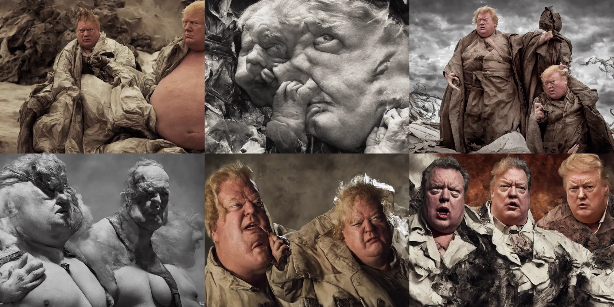 Prompt: dramatic movie composition photograph,!!! baron harkonnen!!! as! donald trump!, in the style of alejandro jodorowsky, wide angle lens, cinematic lighting, cinematic color grading