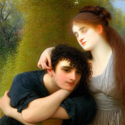 Prompt: young man in orange t - shirt and young woman with black hair hugging, by pierre - auguste cot