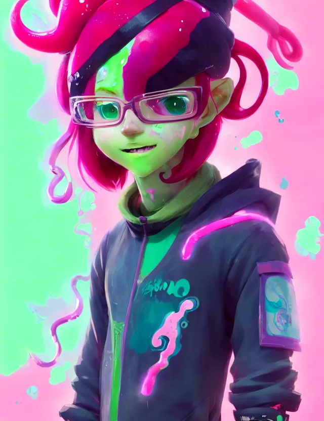 Image similar to a beautiful fullbody portrait of a cute splatoon anime boy with pink hair and green eyes wearing sports clothing leggings. character design by cory loftis, fenghua zhong, ryohei hase, ismail inceoglu and ruan jia. artstation, volumetric light, detailed, photorealistic, fantasy, rendered in octane