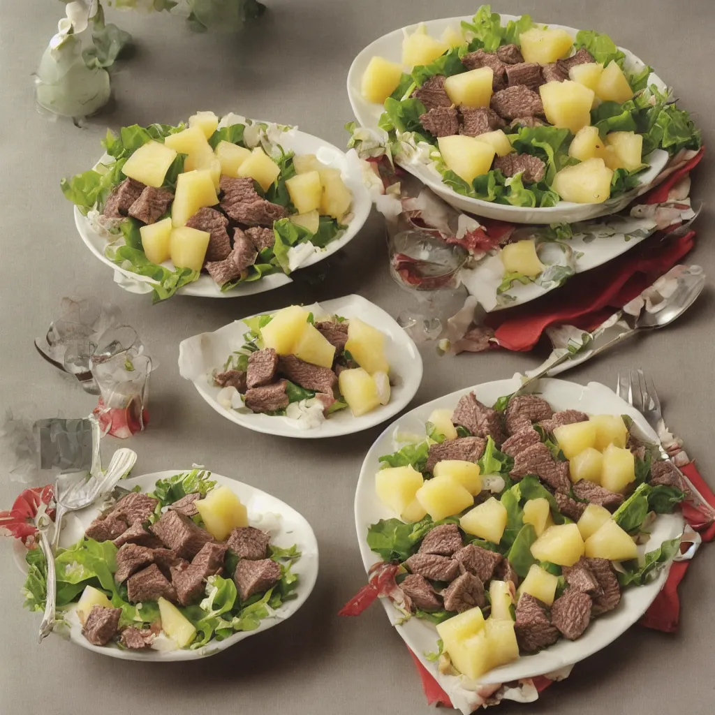 Prompt: a dreamy photo of beef salad and pineapple jelly with creamy dressing, 1987