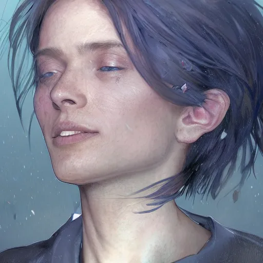 Image similar to a portrait of willem defoe looking up as flower petals flow gently as a breeze blows them from left to right on a cloudy day with blue skies, art by artgerm and greg rutkowski and magali villeneuve and alphonse mucha and rossdraws and makoto shinkai, d & d, fantasy, highly detailed, digital painting, trending on artstation