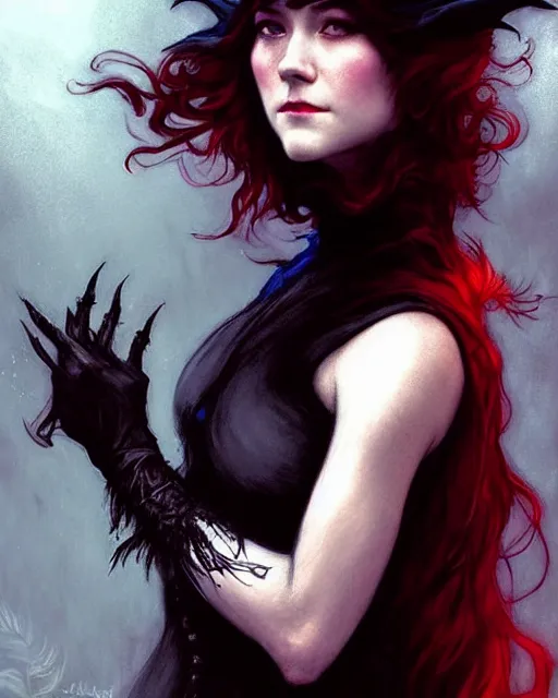 Prompt: style of arthur rackham, artgerm, jeremy lipking : : gorgeous mary elizabeth winstead : : evil sorceress, swirling black magic, black dress : : symmetrical face, symmetrical eyes : : full body pose : : gorgeous red hair : : cinematic lighting : :