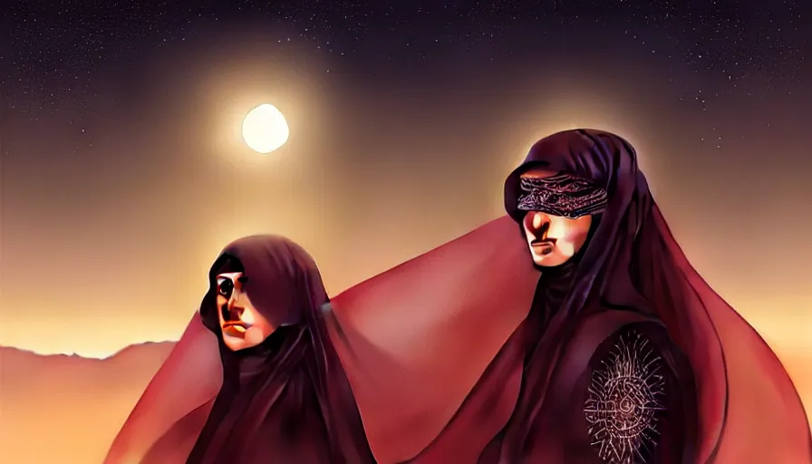 Prompt: Portrait of very very very very very very beautiful Arab woman wearing a Niqab, glowing magical eyes, energy trails, under giant full moon in the desert at night, intricate, elegant, highly detailed, digital painting, artstation, concept art, smooth, sharp focus, illustration, art by artgerm and greg rutkowski and alphonse mucha