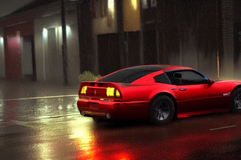 Image similar to hyperdetailed, photorealistic photograph of a 2 0 0 2 pontiac firebird trans - am drifting in the streets, rain, night, dense fog, hd, unreal engine 5 by greg rutowski, by stanley artgerm, by alphonse mucha