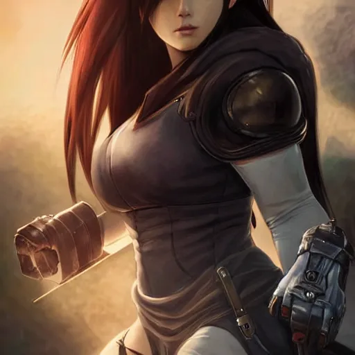 Image similar to tifa lockhart in destiny hunter armor, wearing a hooded cloak, beautiful face!!!!, 2 7 years old, cg animation, realistic, character select portrait, by artgerm, greg rutkowski, alphonse mucha, 3 d