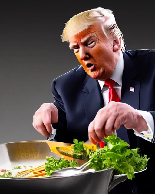 Prompt: wide shot photoshoot of donald trump preparing a meal, 8 k, photorealistic