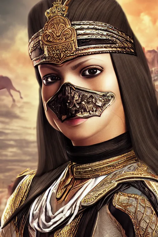 Image similar to hyperrealistic portrait from middle eastern mask woman riding horse, super highly detail, accurate, without duplication content, gta chinatown wars art style, white border frame median 5, medium close up shot, justify content center, symmetrical