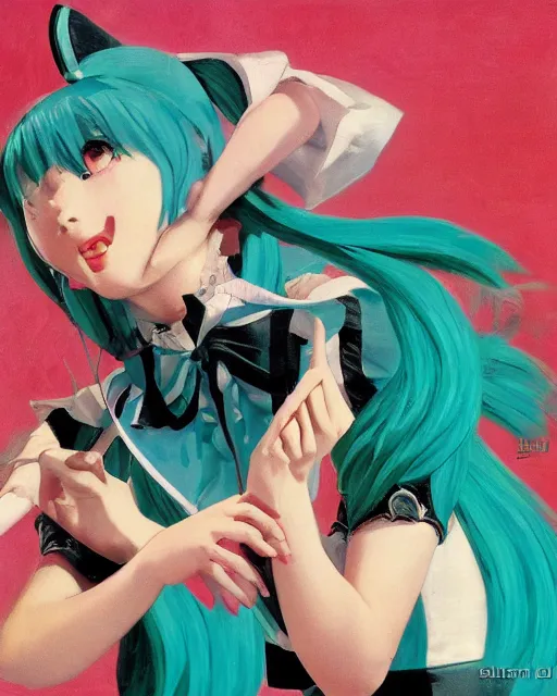 Prompt: hatsune Miku dancing by Gil Elvgren and Enoch Bolle