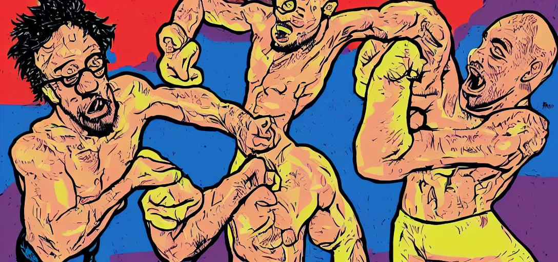 Image similar to Sam Hyde sparring with Joe Rogan, Mike Judge art style, 90's mtv illustration, clean illustration with thick lines, vivid complementary colors