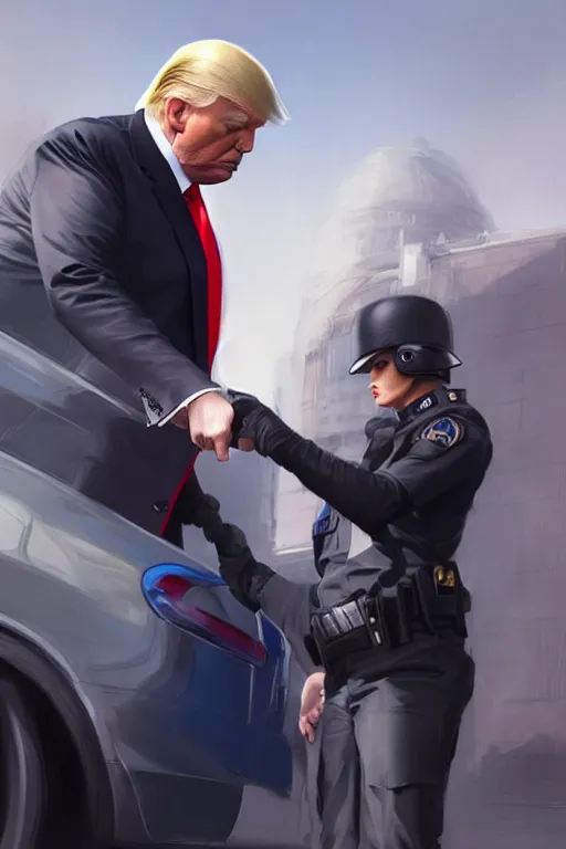 Image similar to donald trump being handcuffed in front of a police car, elegant, real life skin, intricate, high detailed, artstation, concept art, smooth, sharp focus, art by artgerm and greg rutkowski