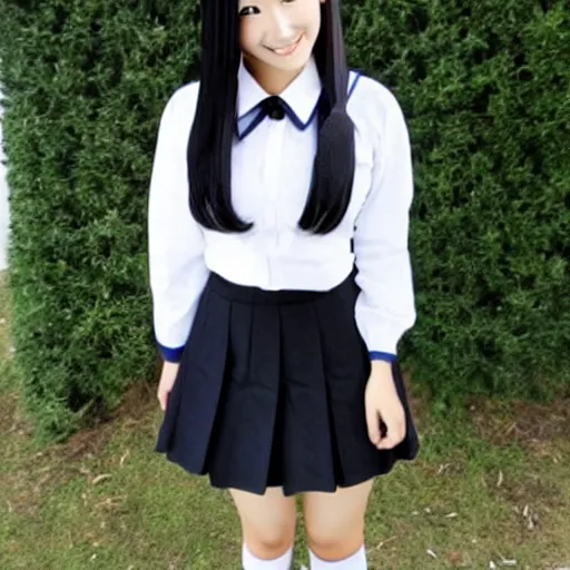Prompt: beautiful and elegant Japanese schoolgirl with straight and long black hair in black high school uniform