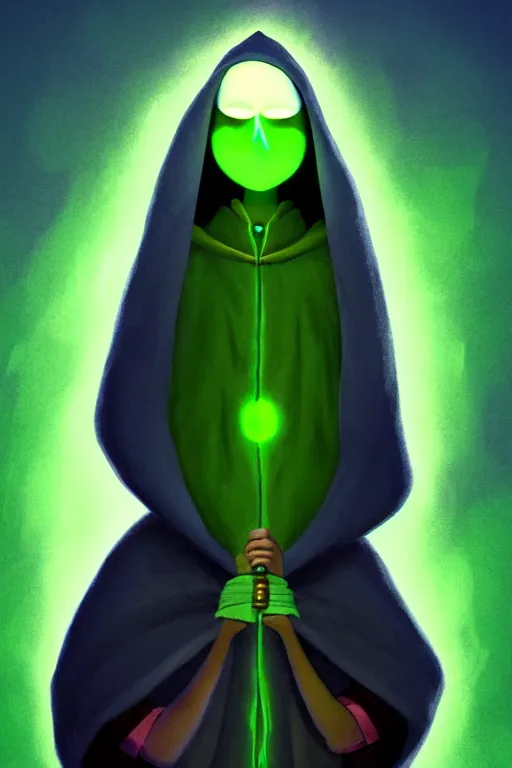 Image similar to A full body portrait of a cute shaman with no face, glowing eyes and a very long hooded dark green cloak of leaves in the style of Pixar, stylized